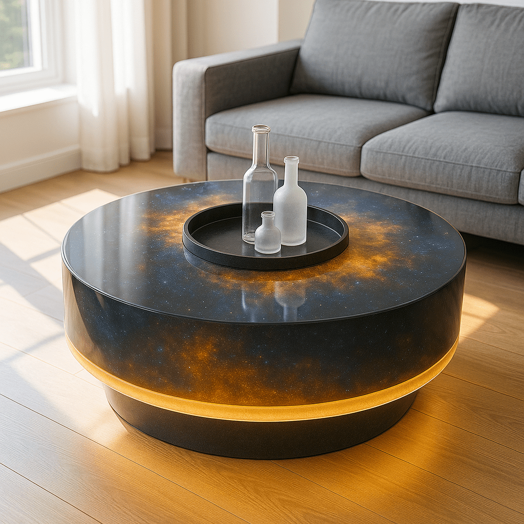 Round coffee table with solar flare galaxy design and amber LED base lighting in a modern living room.