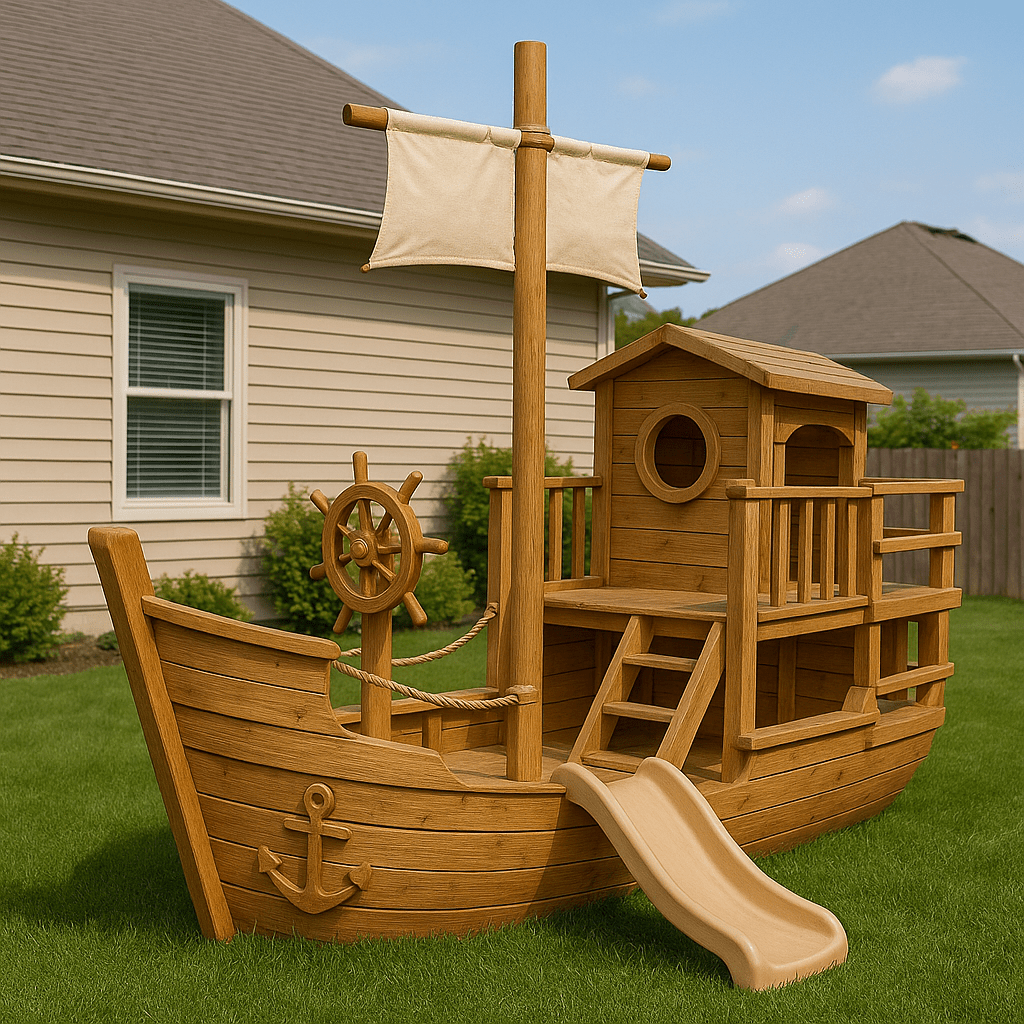 Wooden pirate ship playhouse with mast, ship wheel, slide, and cabin in a garden.