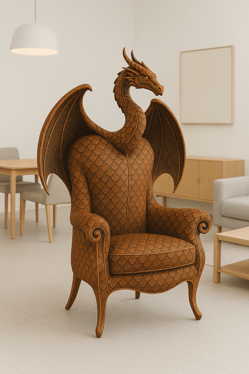 Bronze dragon-shaped armchair with detailed scale texture and elegant dragon wings in a light, contemporary room.