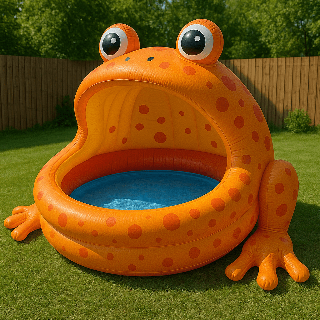 Bright orange inflatable frog-shaped paddling pool with darker orange spots in a back garden.