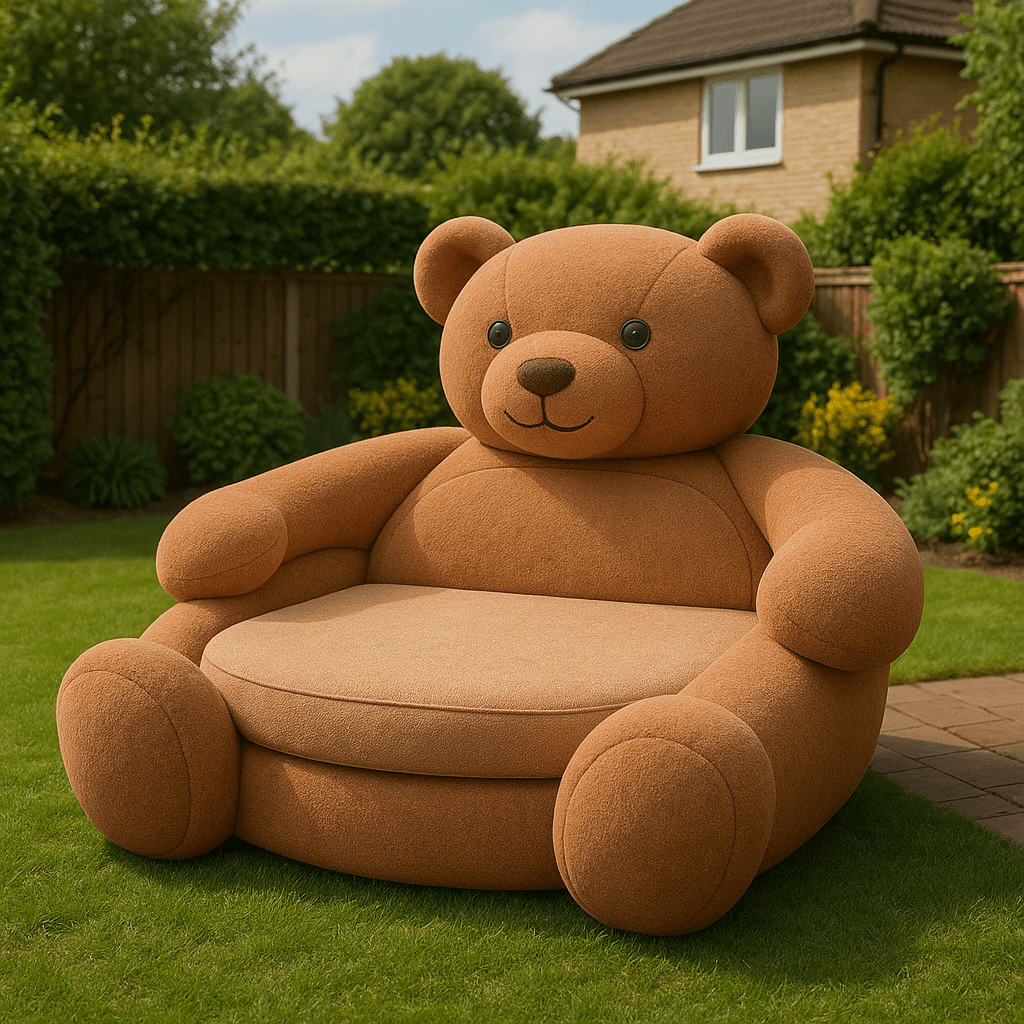 Brown oversized teddy bear daybed with a soft cushioned seat in a suburban garden.