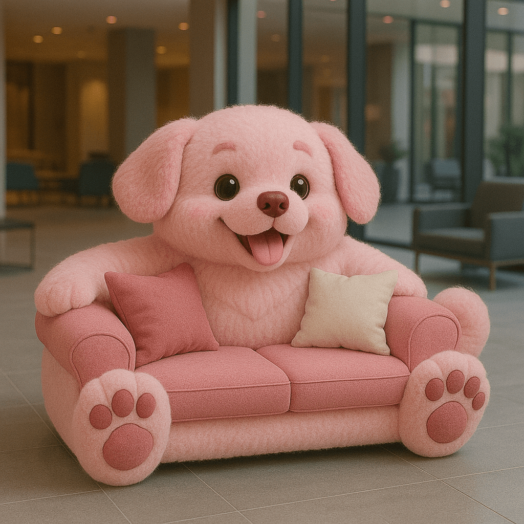 Bright pink dog-shaped novelty sofa with pink and cream cushions in modern lounge