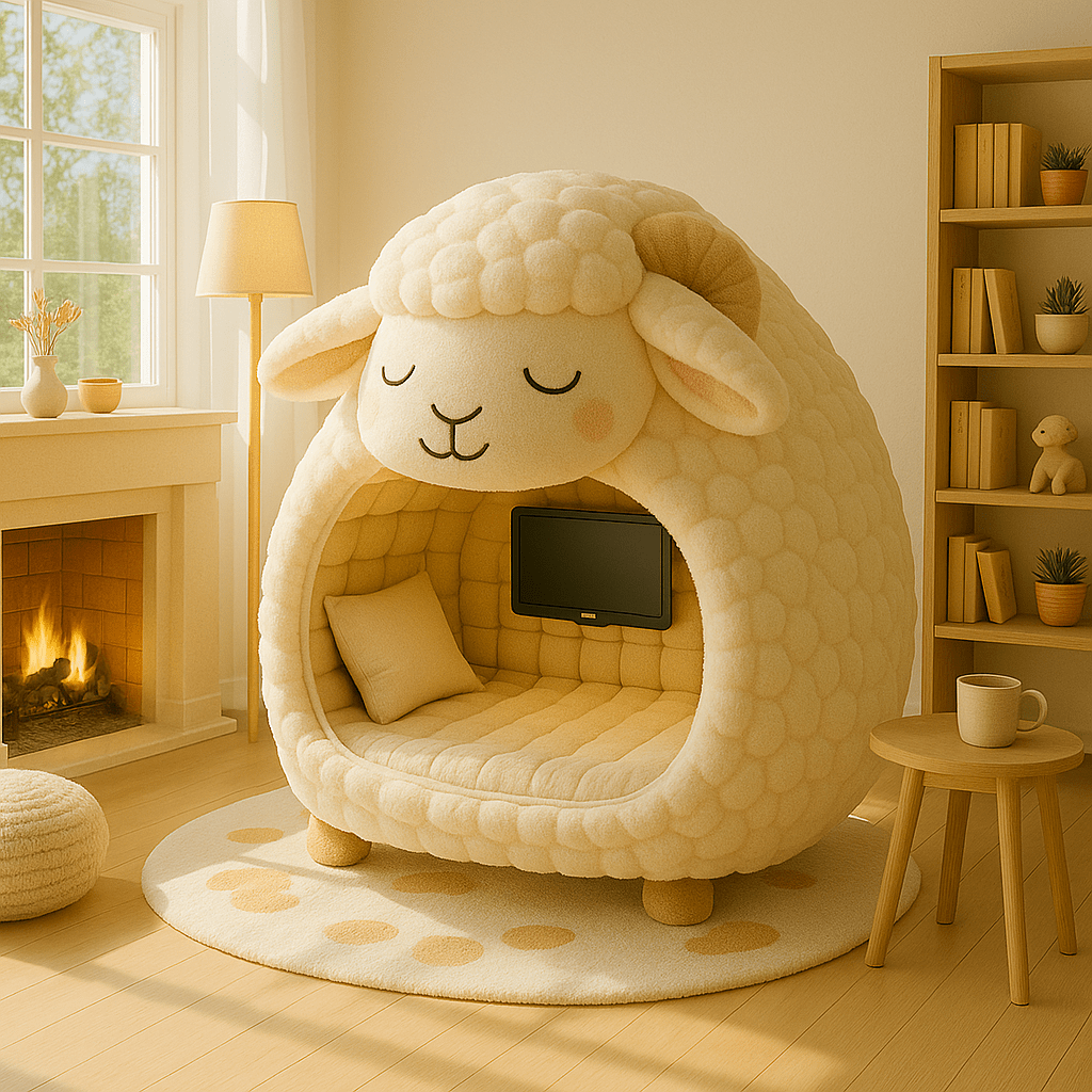 Cream-coloured sheep-themed pod bed with built-in television and soft interior in a cosy room