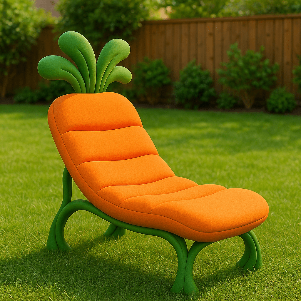 A carrot-shaped garden chair with an orange cushion and green leafy backrest, set on grass in a sunny garden.