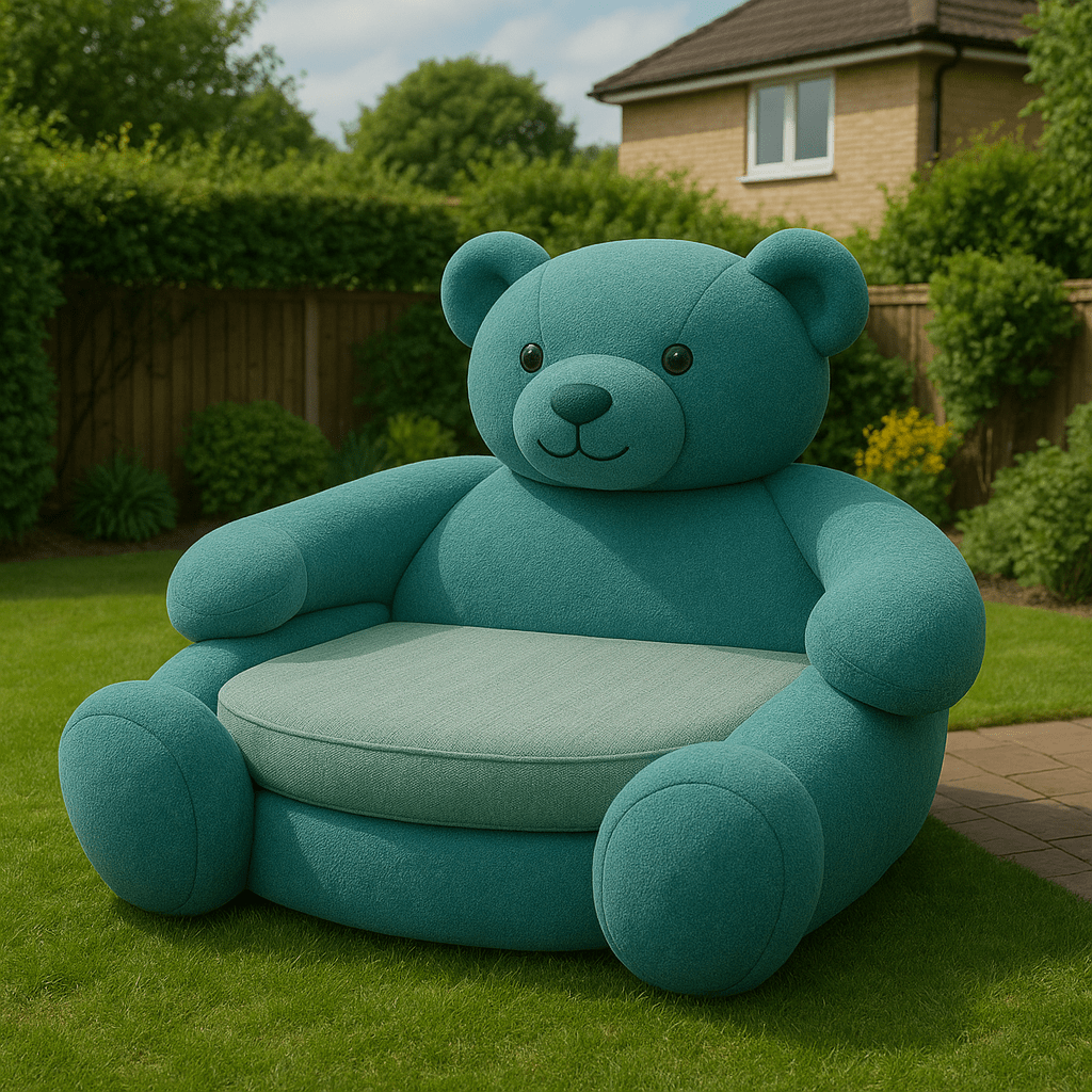 Teal oversized teddy bear daybed with a light green seat cushion in a garden setting.