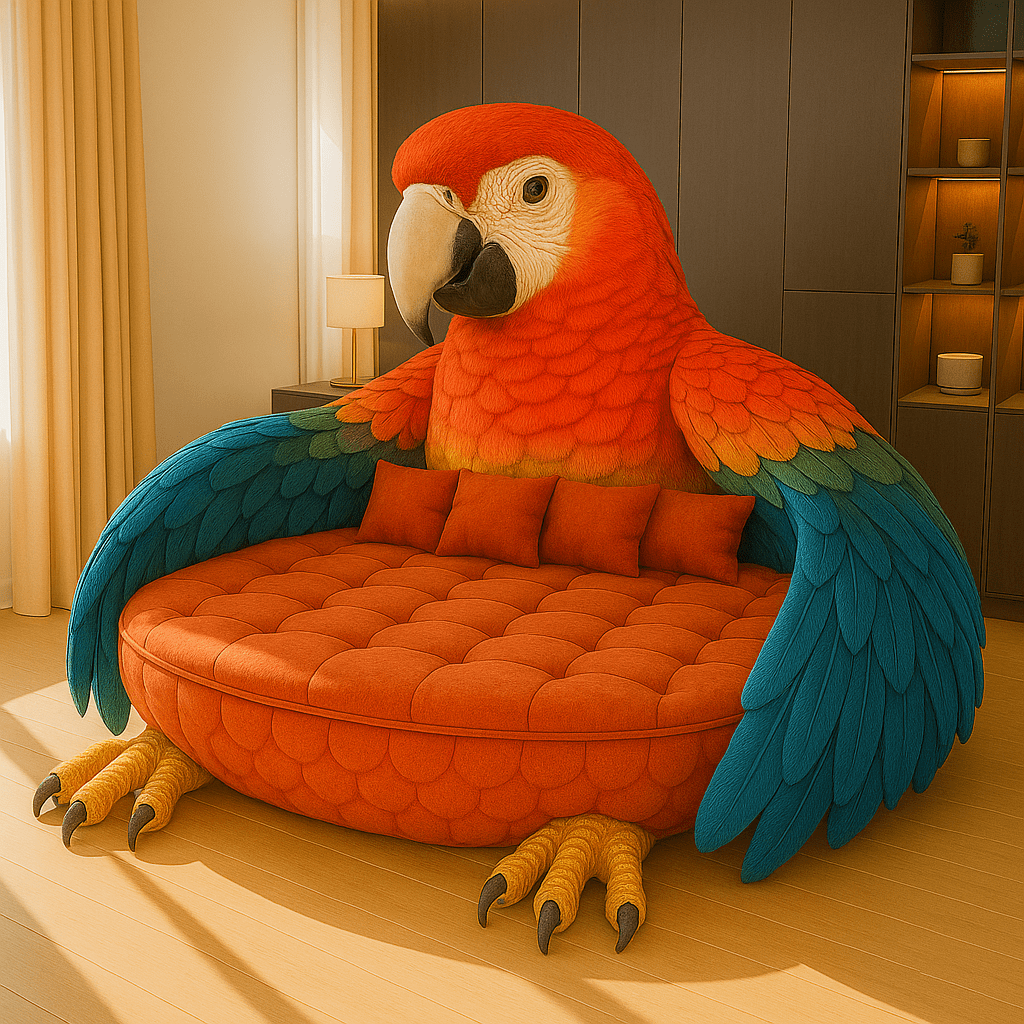 Bright parrot-shaped novelty sofa with detailed red, orange, and teal feathers in a sunlit room.