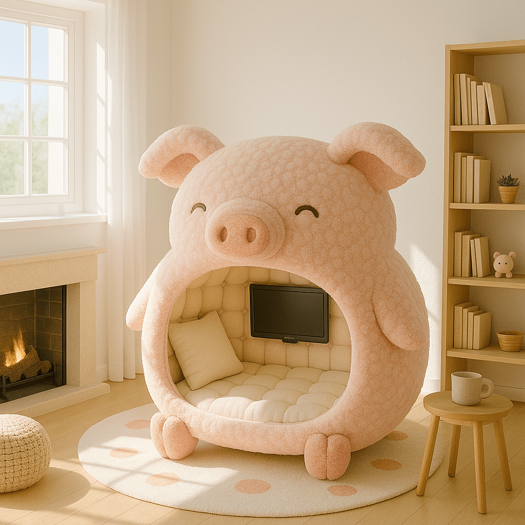 Plush pink pig-shaped pod bed with flat-screen TV and cushions in a warm room setting