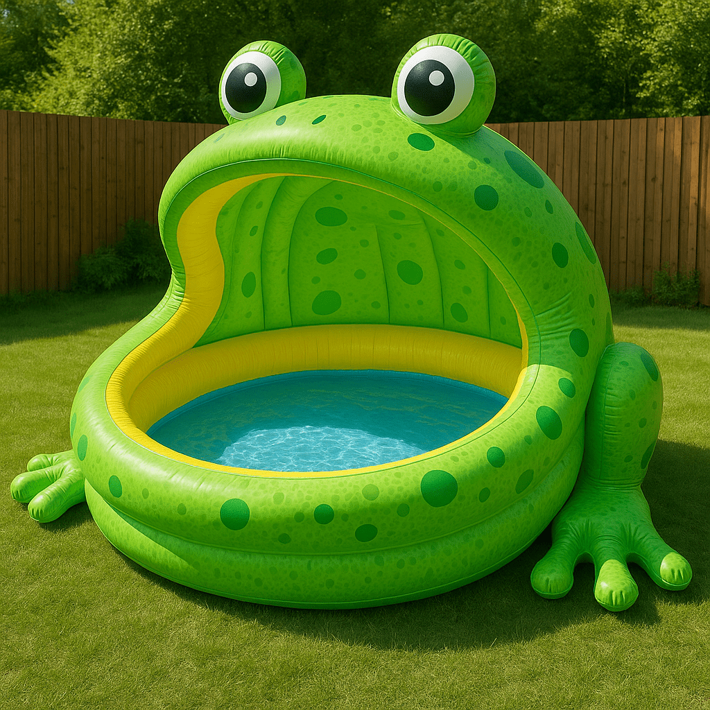 Classic green inflatable frog-shaped paddling pool with green spots in a sunny garden.