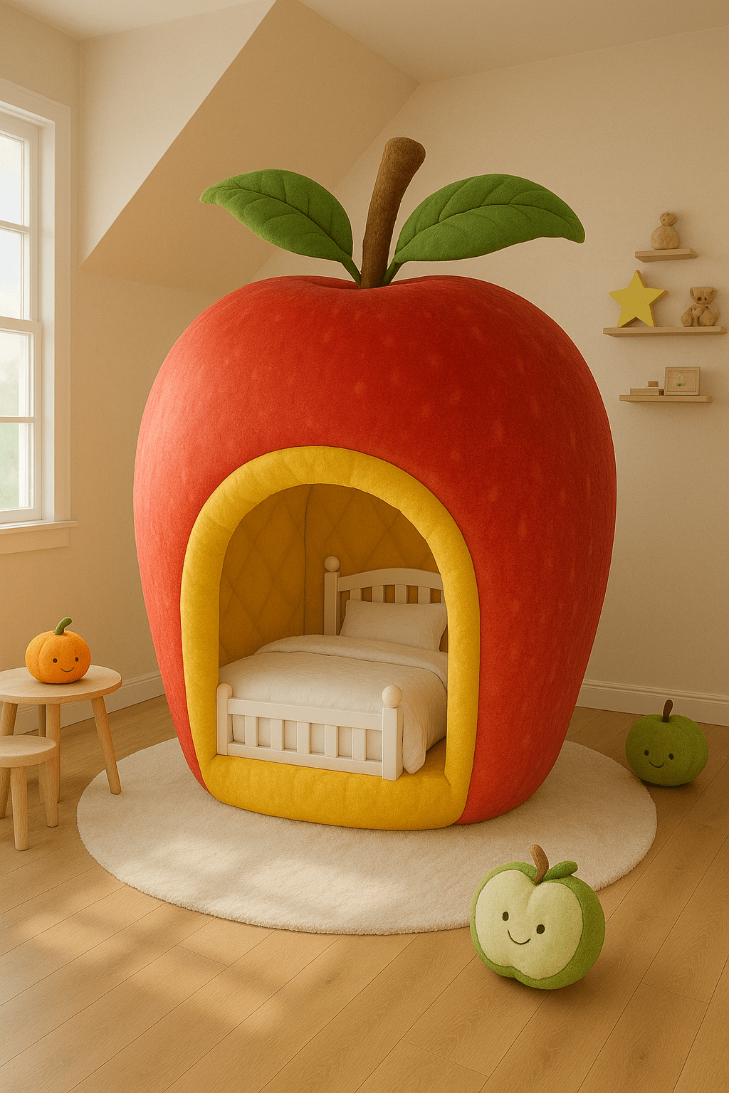 Red apple-themed children’s bed with leafy top and yellow entrance in a soft-lit nursery