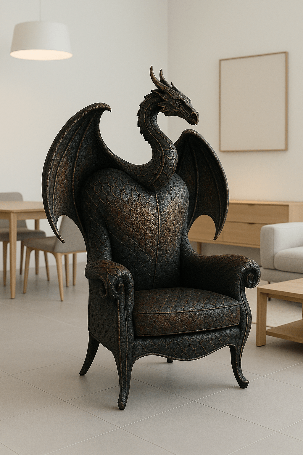 Black and crimson dragon-shaped armchair with sculpted wings and detailed scales in a modern living room.