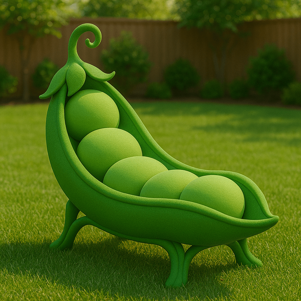 A green pea pod-shaped garden chair featuring round cushioned peas, positioned on grass in a garden setting.