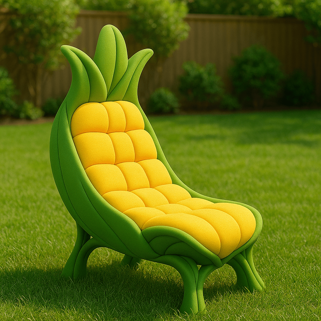 A sweetcorn-inspired garden chair with bright yellow cushions and a green leafy frame, placed on a lawn.