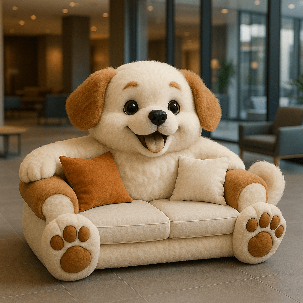 Oversized cream and tan dog-shaped sofa with paw detailing and rust-orange cushions