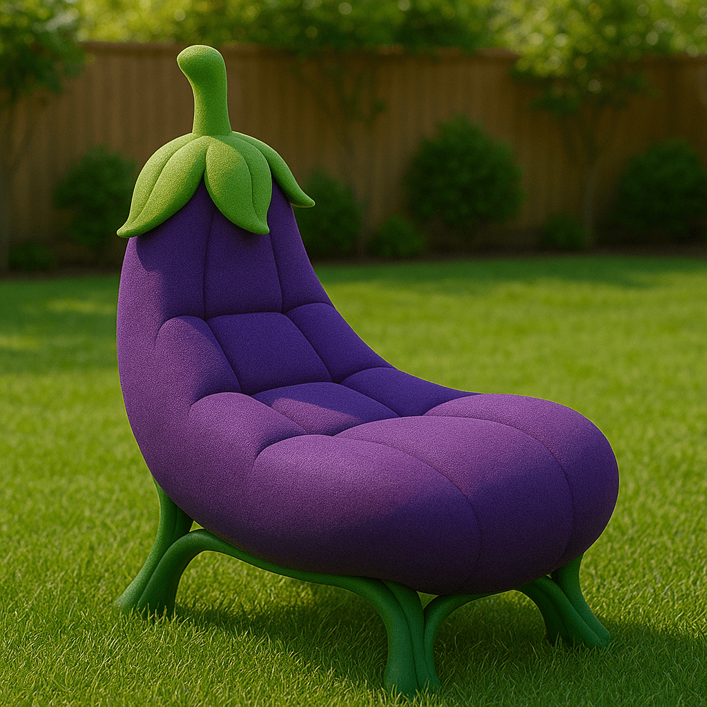 A purple aubergine-shaped garden chair with a green stem design, placed on green grass in a sunny garden.