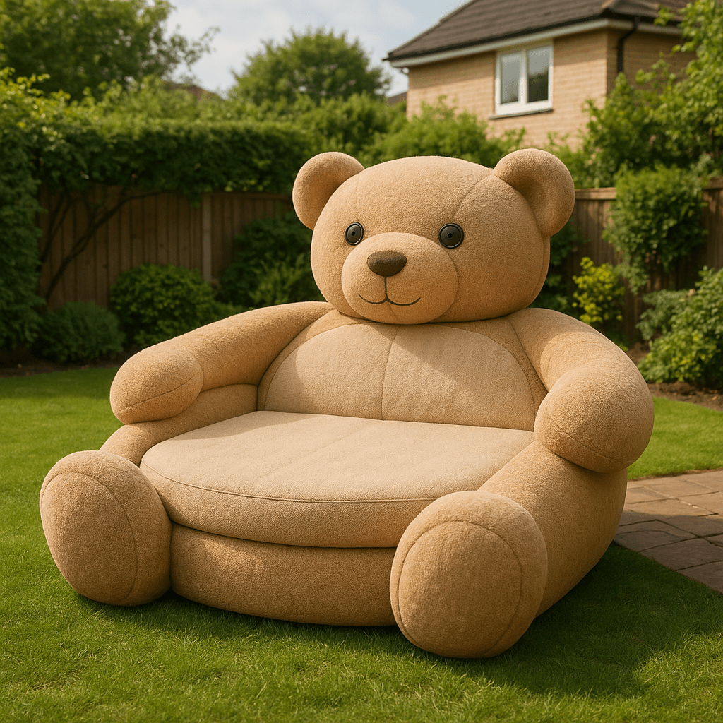 Beige oversized teddy bear daybed placed on green grass in a suburban garden setting.