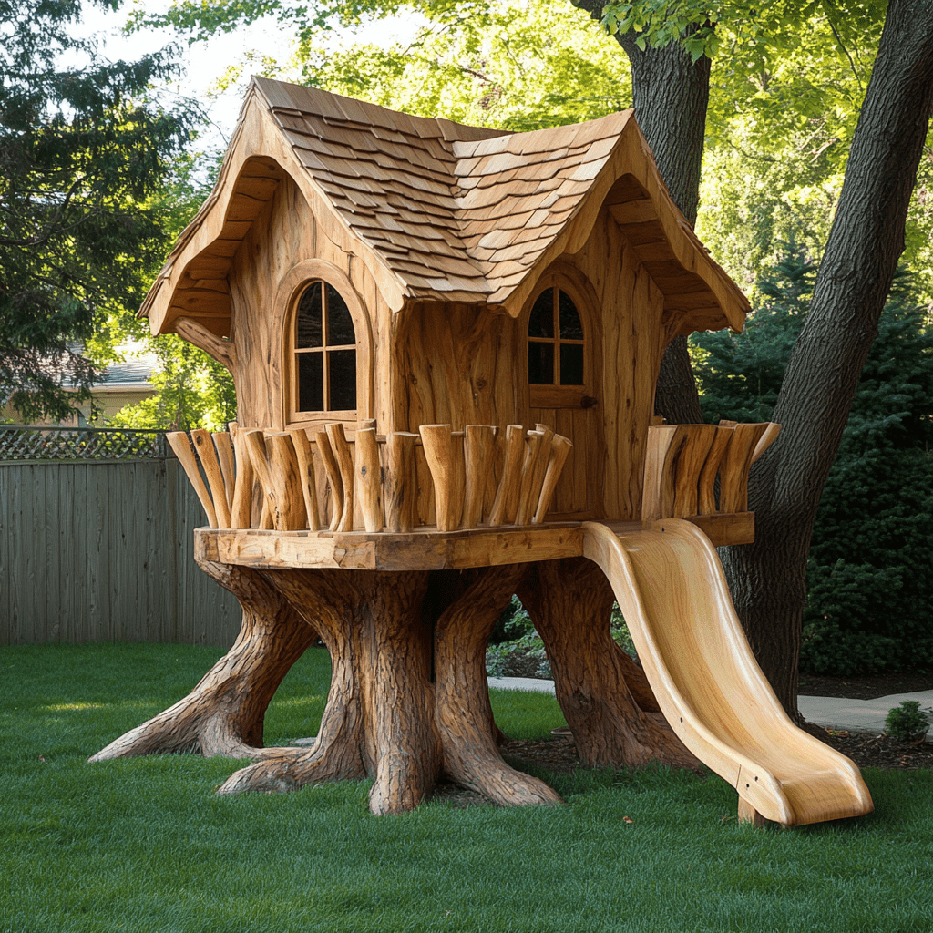 Charming rustic treehouse with wooden railings and slide, built on tree-style trunks in a leafy garden.
