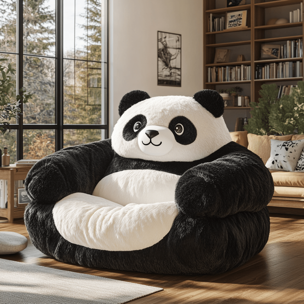A cuddly panda-shaped plush armchair in a light-filled, relaxed living room with wooden flooring and playful decor.