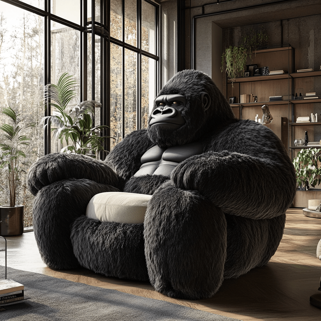  A striking black gorilla-themed oversized armchair set in a modern loft with floor-to-ceiling windows and book shelves.