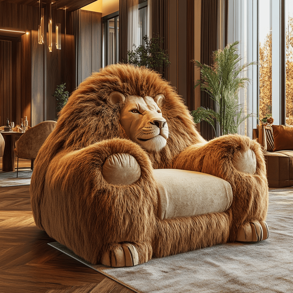 A majestic oversized lion-shaped plush armchair in a warm, elegant living space with wooden floors and tall windows.