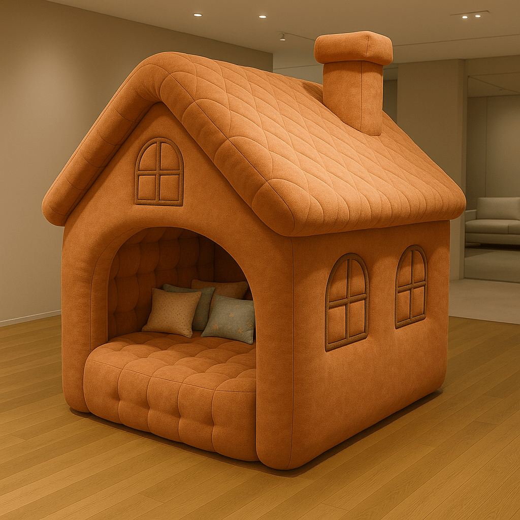 Whimsical terracotta brown house-shaped lounge sofa with quilted design and cushions in a modern living room