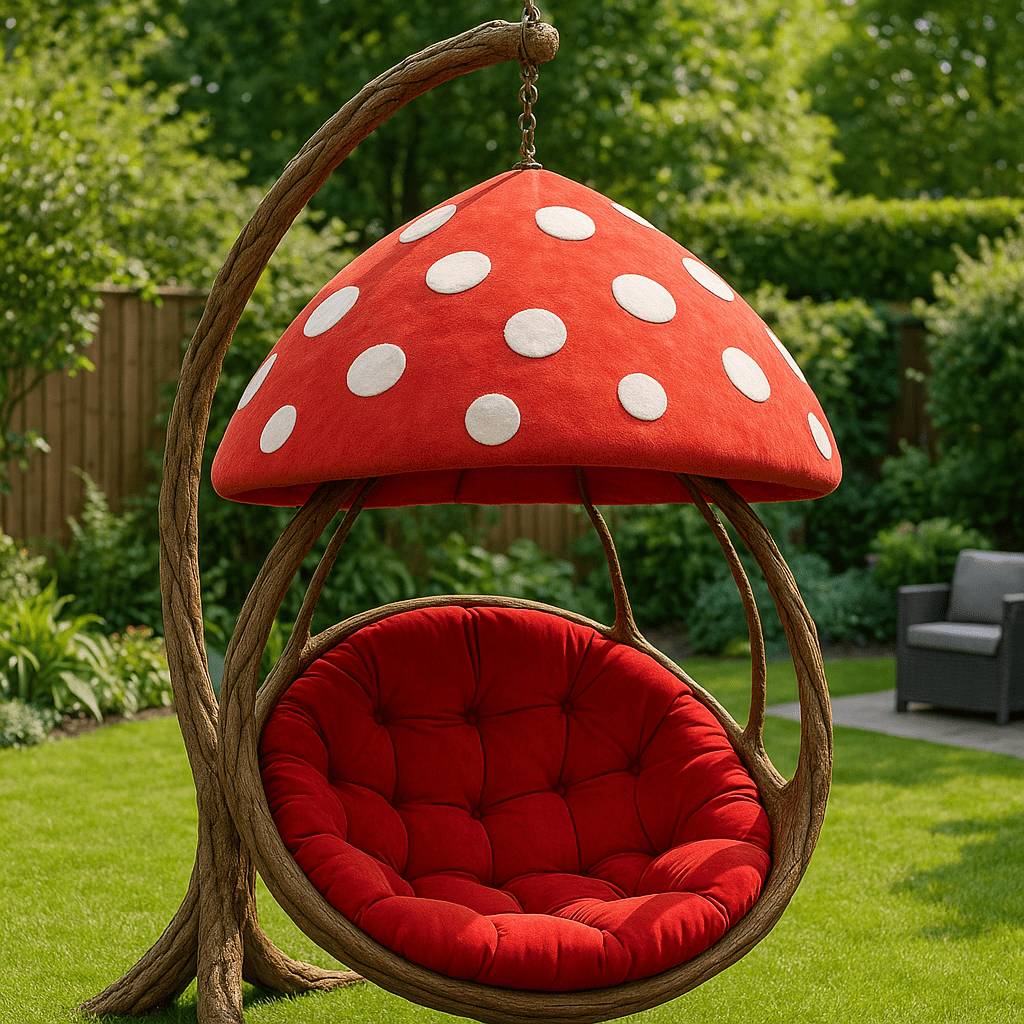 Vibrant red mushroom-shaped hanging garden chair with bold white polka dots and a cushioned red seat