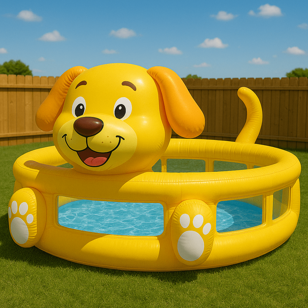  Inflatable yellow paddling pool shaped like a cheerful dog with water inside