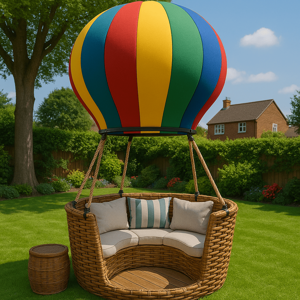 A multicoloured hot air balloon garden sofa in rainbow shades, perfect for adding bold style to outdoor spaces.