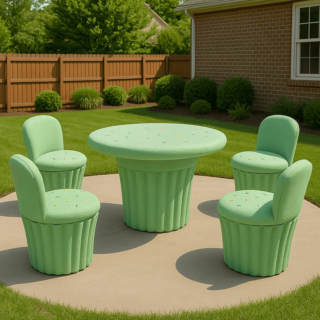 Mint green cupcake-style garden table and chairs set with colourful sprinkle accents on a concrete patio
