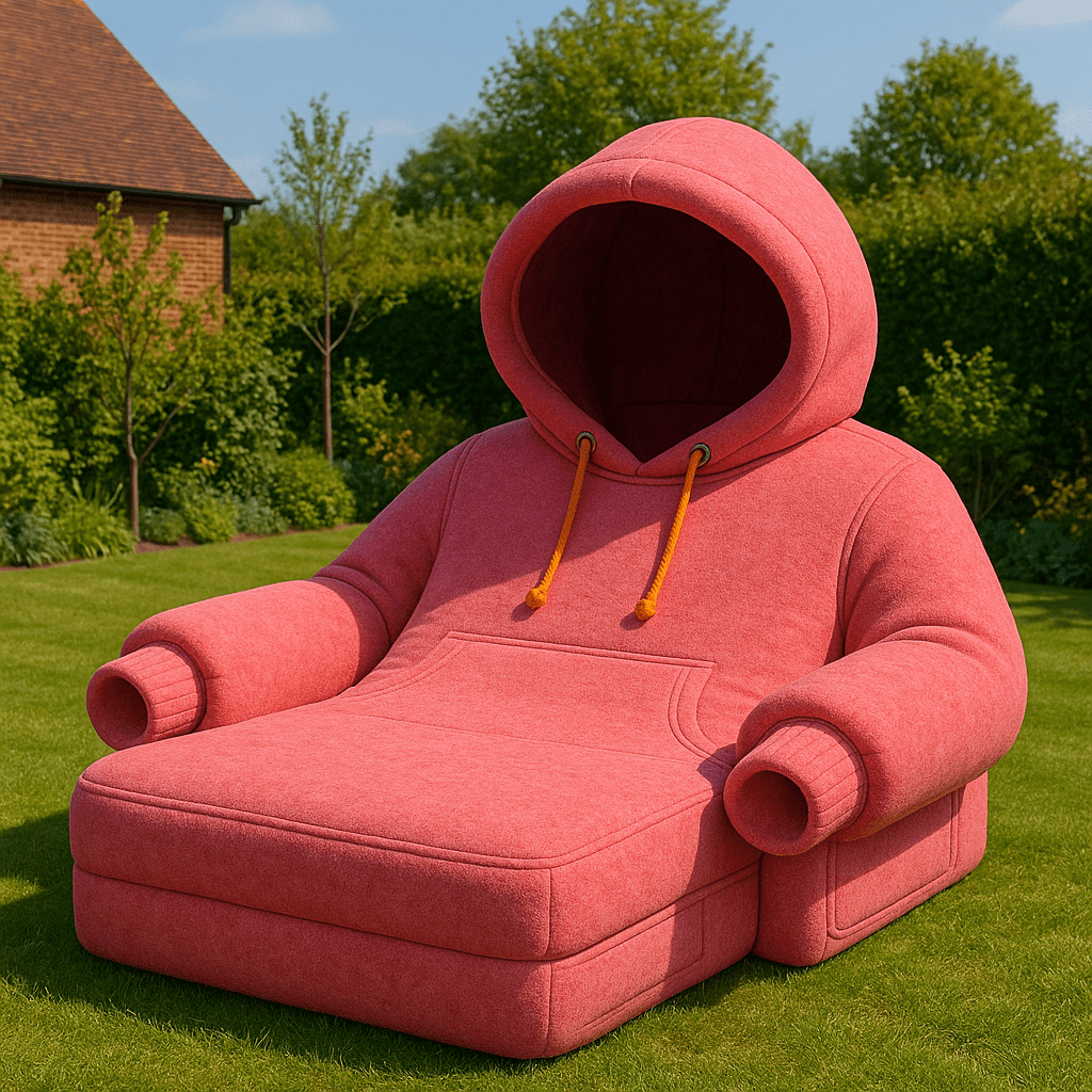Coral red hoodie-inspired novelty armchair with orange drawstrings, perfect for outdoor seating