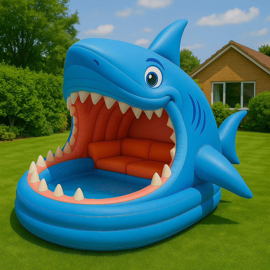 Bright blue shark-shaped inflatable sofa with contrasting orange seating on grass.