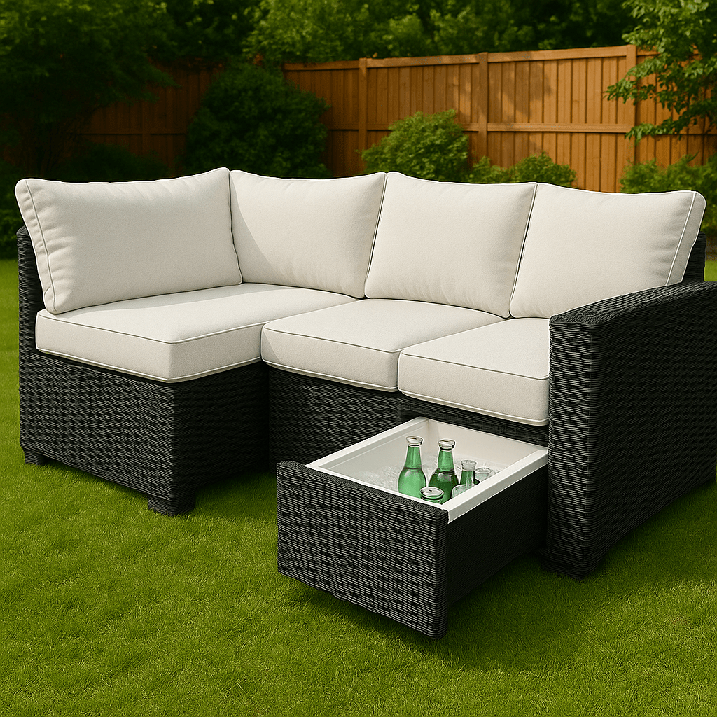 Outdoor black rattan sofa with white cushions and pull-out cooler drawer in a garden setting.