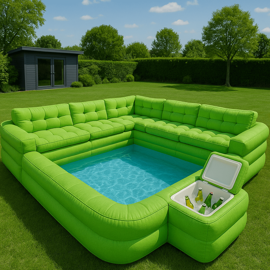 Green inflatable sofa pool with a built-in drinks cooler and central paddling pool in a garden setting.