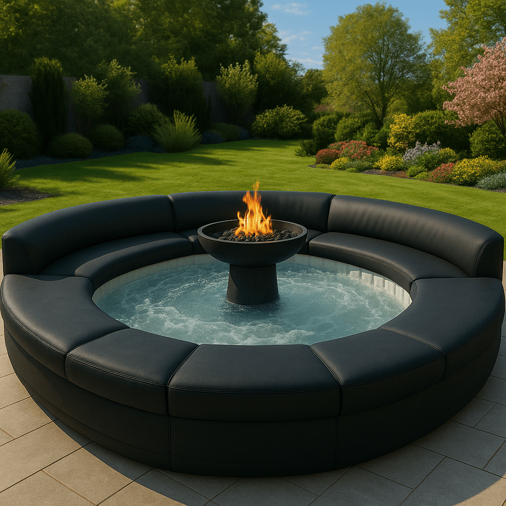  Elegant black circular hot tub lounge with fire bowl centerpiece in a tranquil outdoor garden