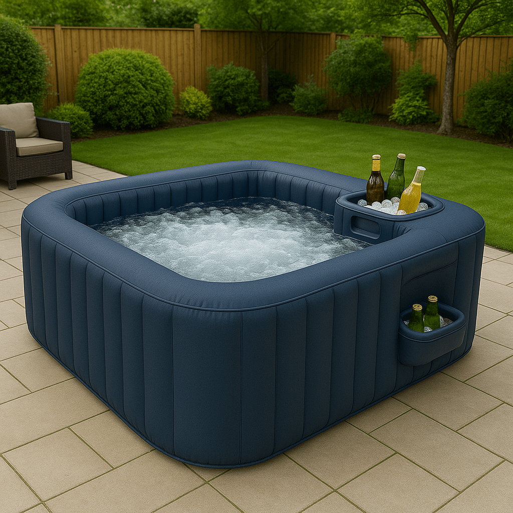 Modern navy inflatable hot tub with bubbling water and drink storage, surrounded by greenery
