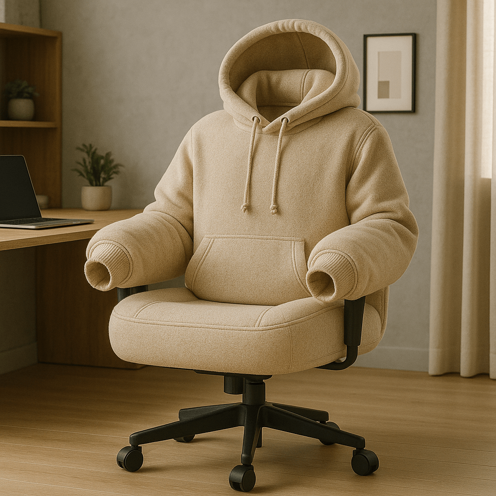 Soft beige hoodie-style office chair with kangaroo pocket armrests and hooded backrest in a modern office.