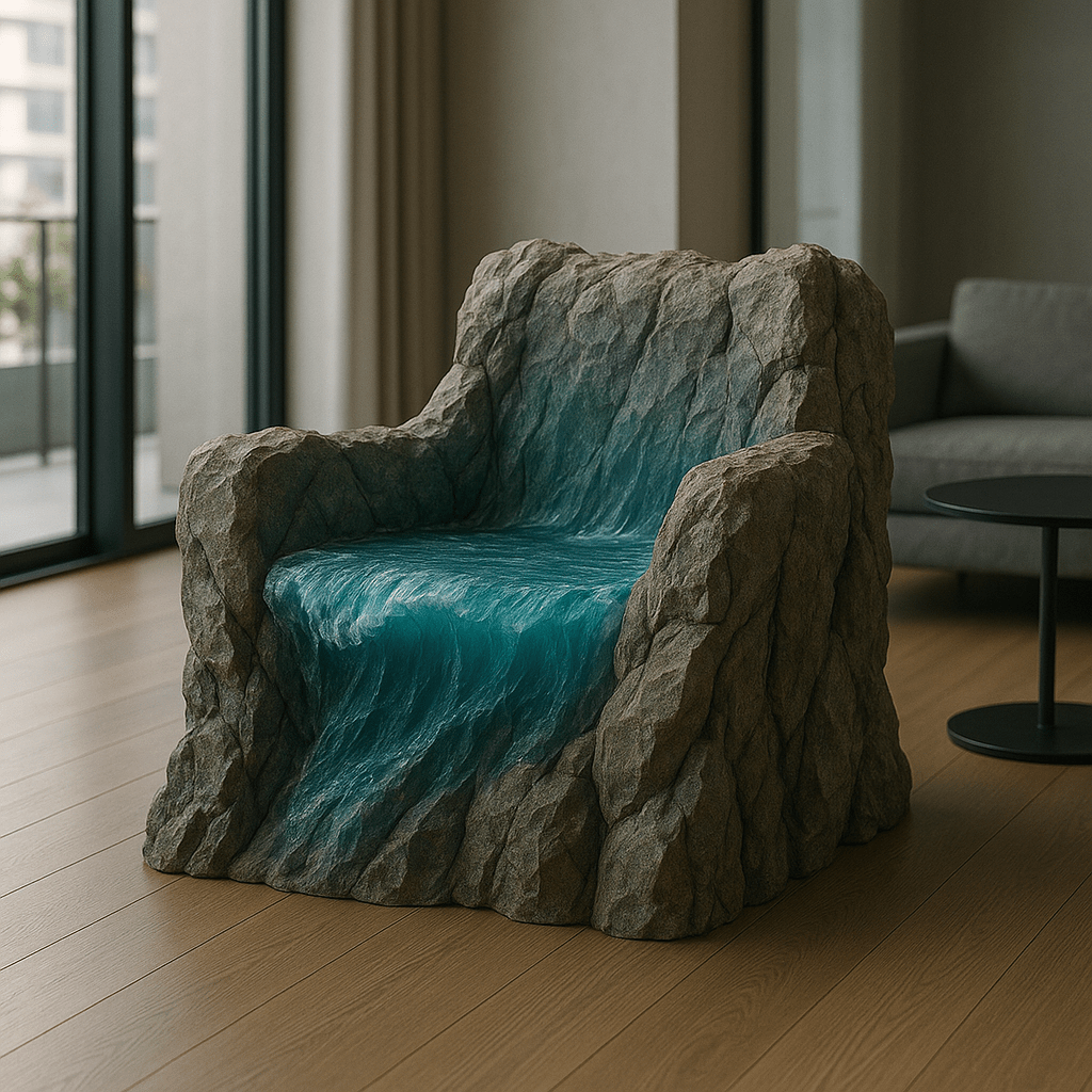 Natural stone-style chair with realistic blue water effect resembling a waterfall