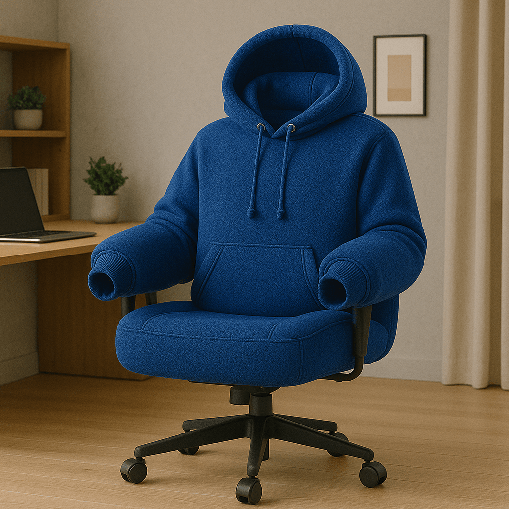 Bold blue hoodie-inspired office chair with plush cushioning and whimsical design, placed in a tidy workspace.
