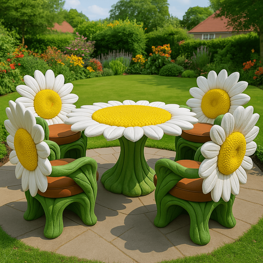 Garden furniture set styled like white daisies with yellow centres on a green lawn patio