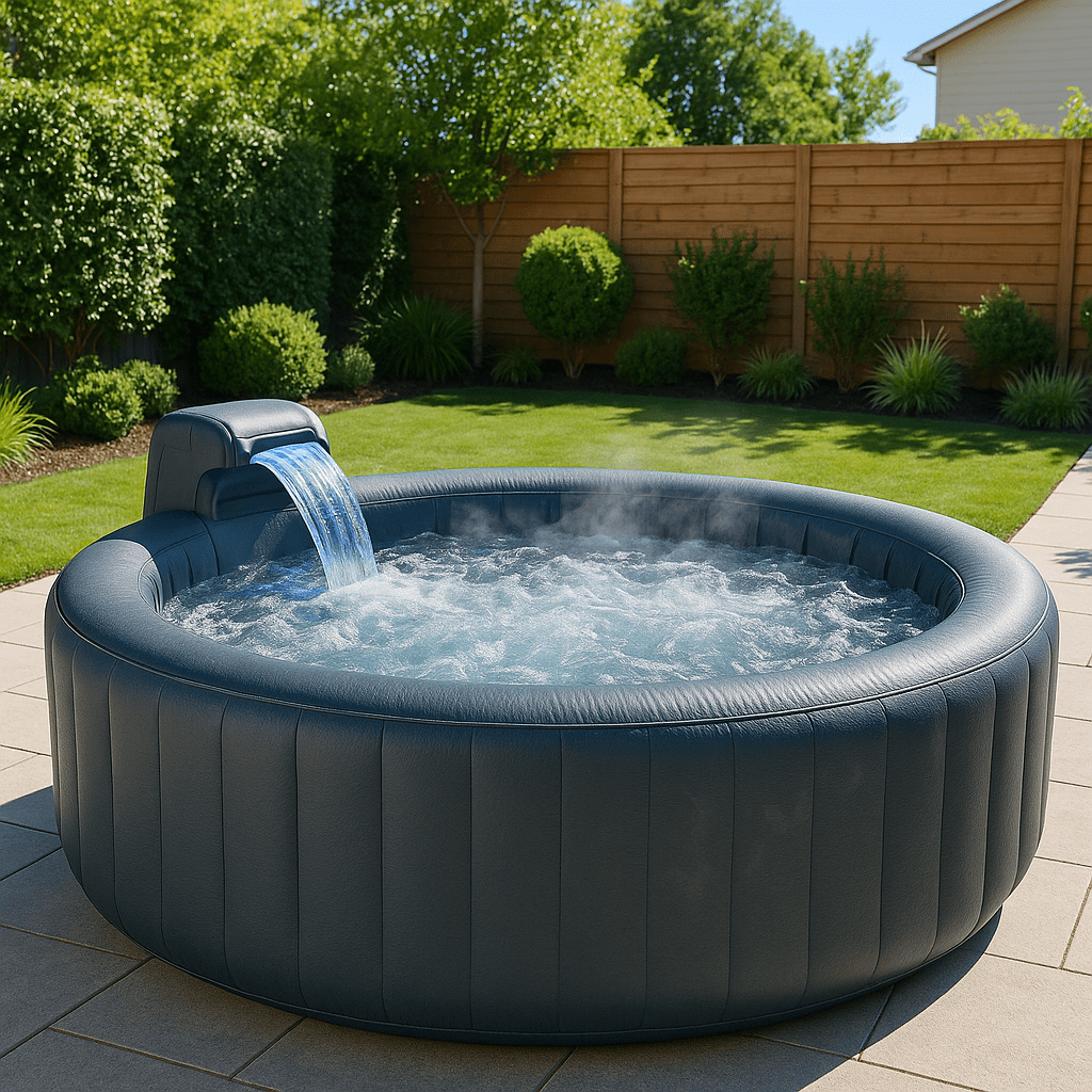 Contemporary grey inflatable hot tub with a waterfall feature on a patio garden