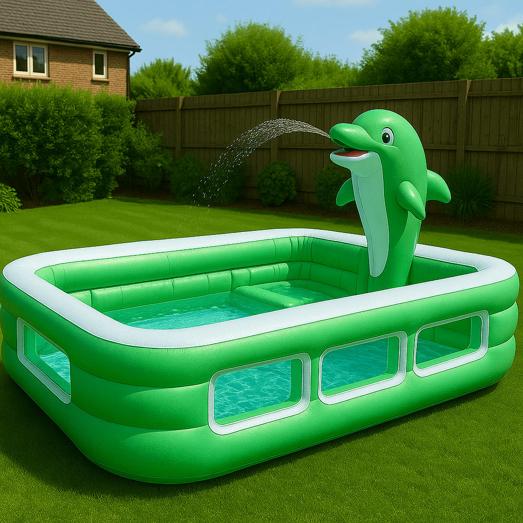 Inflatable green dolphin paddling pool with clear side panels and dolphin fountain in a lush garden.