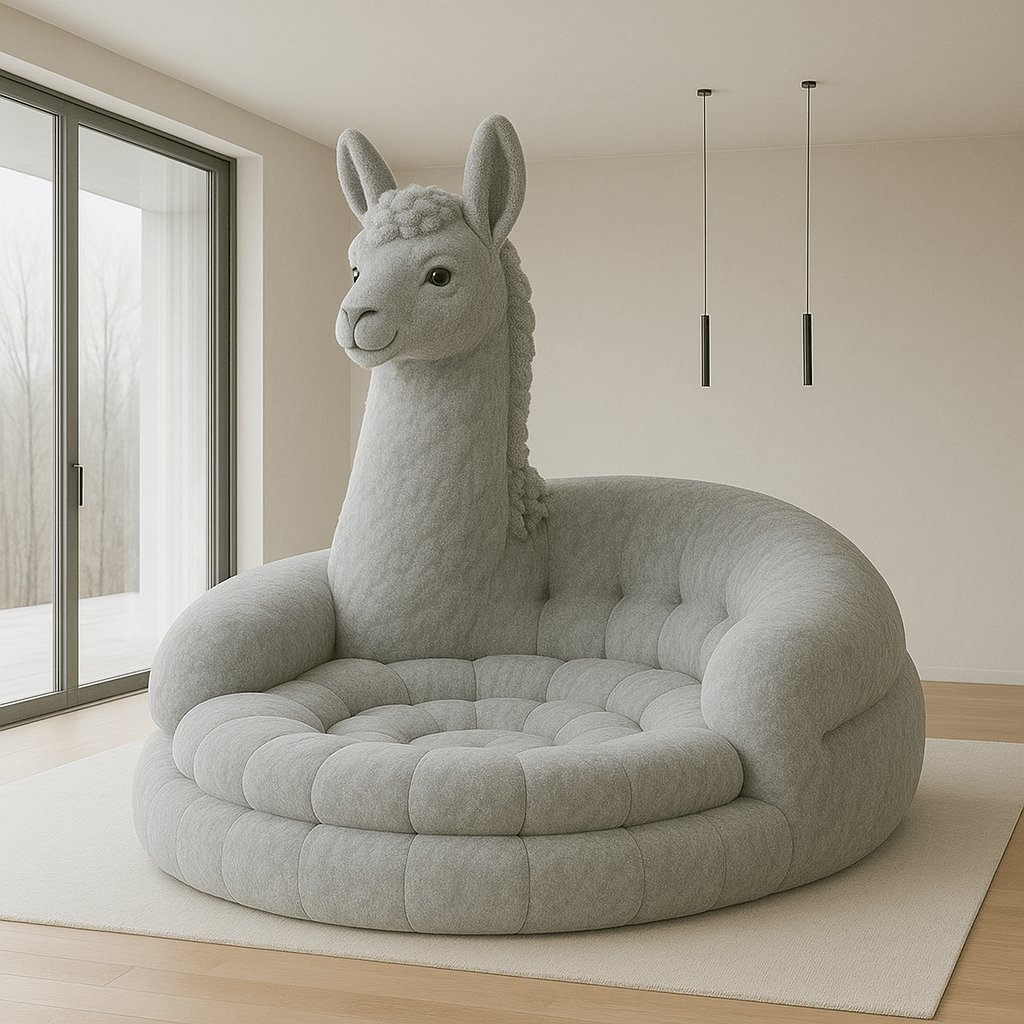 Soft grey llama armchair with plush cushioning in a modern home interior with clean design.
