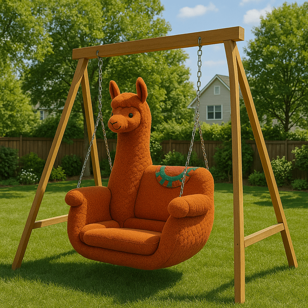 Warm orange llama-shaped plush swing chair on a wooden structure in a sunny garden