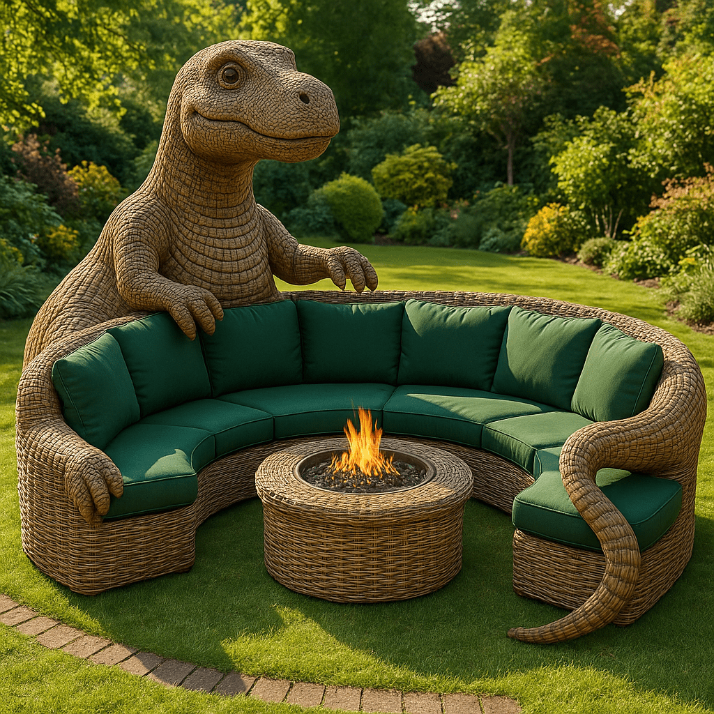 Wicker dinosaur sofa with forest green cushions and round fire pit in a vibrant garden setting.