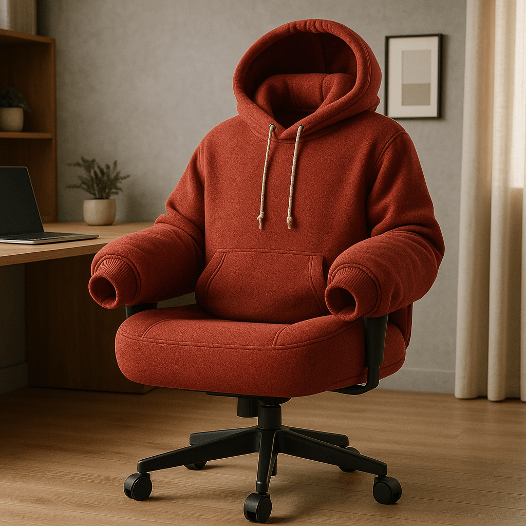 Cosy red hoodie-style office chair with ergonomic design, featuring hood detail and sweatshirt texture in a stylish room.