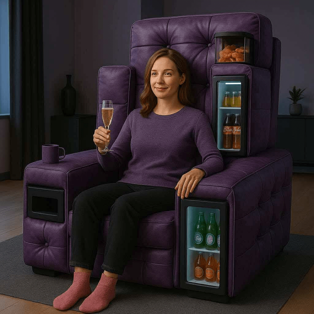 Woman enjoying a drink while sitting on a purple luxury sofa chair with integrated coolers and snack compartments