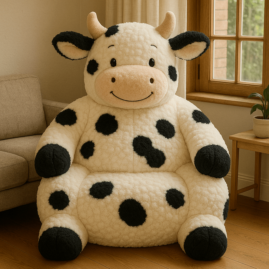 Plush oversized black and white cow-shaped armchair next to a sofa and wooden side table
