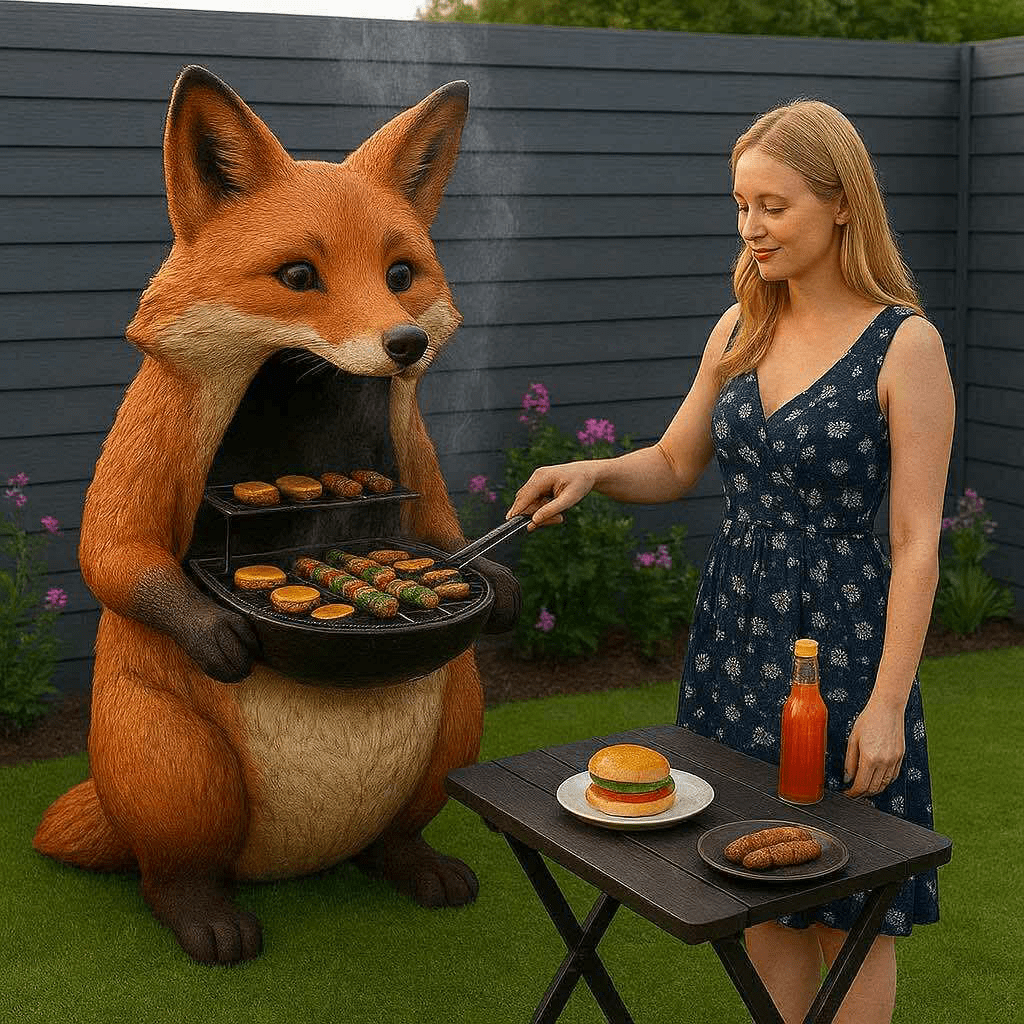  Fox-shaped barbecue with burgers and skewers being grilled by a woman in a blue dress.