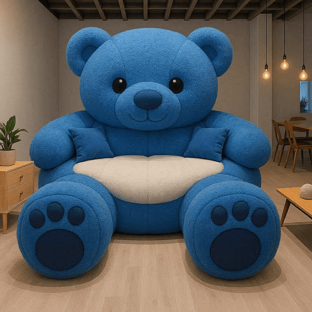  Blue bear-shaped plush sofa with navy details and complementary cushions in a contemporary room.