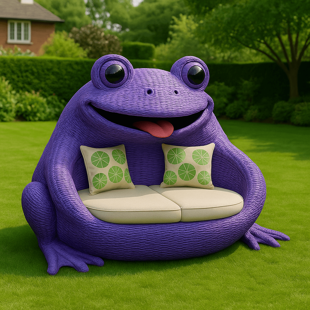Playful purple frog-shaped outdoor sofa with cream seating and green patterned cushions in a garden setting.
