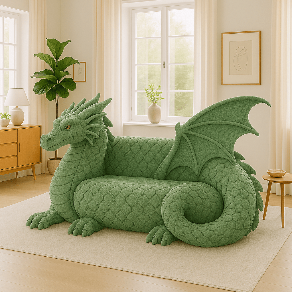 Oversized sage green novelty sofa shaped like a dragon with wings and tail in a pastel-toned living room